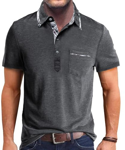 Comilaka Men's Short Sleeve Casual Polo Shirts Classic Button Contrasting Colors T- Shirts with Pocket Stylish Tops Dark Grey