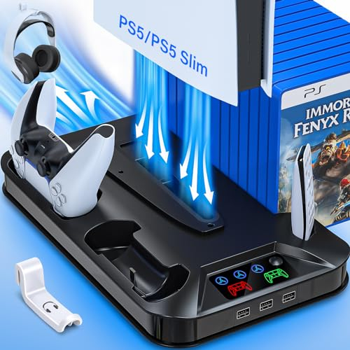 PS5 / PS5 Slim Cooling Station with Controller Charging Station for PlayStation 5 Console Disc/Digital, Cooling Stand for PlayStation 5 Slim with Cooler Fan Accessories with 3 USB Hubs/Headset Holder