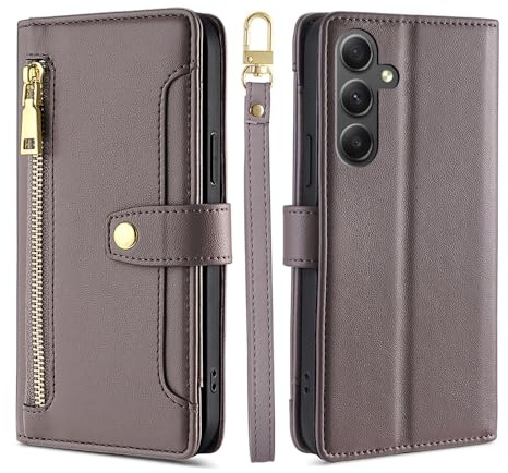 Handykette kompatibel mit Samsung Galaxy A35 | Leder Handyhülle mit Kartenfächern | Handyhülle zum Umhängen | Grau