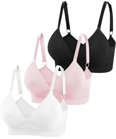 Eleplus 3 Pieces Deep V Non Wired Bras for Women Seamless Comfort Bralettes Lightly Lined Multi Pack (Black+White+Pink,L)