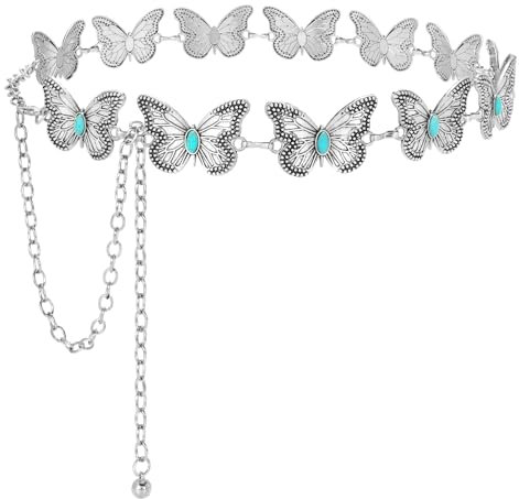 VONMELLI Damen Concho Kettengürtel Western Cowgirl Taillengürtel Türkis Metallkettengürtel für Kleid Silber mit Blau-Türkis L