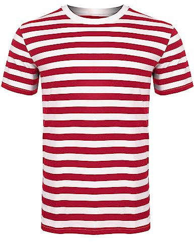 MISSHASHTAG® Men Women's Striped Cotton T-Shirt, Unisex Crew Neck Short Sleeve Stripes T-Shirt Casual Summer Top (Red-White, M)