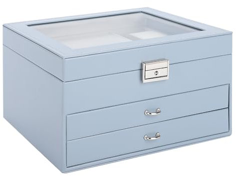 Yieseang Schmuckkästchen Mädchen,Schmuckaufbewahrung mit 2 Schublade,Schmuckkasten mit Glasdeckel,Schmuck Organizer,Schmuckbox für Ohrringe,Ringe,Schmuckschatulle für Frauen,Weihnachten,Graublau