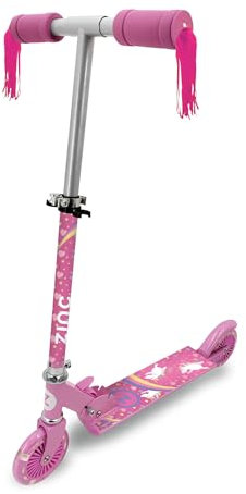 Zinc Zweirädriger zusammenklappbarer Explorer-Scooter – Einhorn-Design mit Quasten und Glocke, LED-Räder, klappbare, herunterklappbare Griffe, rutschfestes Deck, höhenverstellbar, für Kinder ab 3