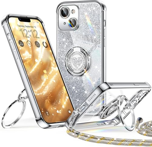 XYZ for iPhone 13 Case with Stand, Soft Cute Luxury Love Heart with Lanyard for Women Girls, Double Ring Bling Glitter Clear Protective Phone Cover Case for iPhone 13 - Silver