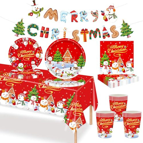 MORAINJAY 70 pezzi set di stoviglie per feste di Natale in carta,Decorazione da tavola natalizia con striscioni, piatti di carta e tovaglioli per la vigilia di Natale, bomboniere per feste a casa
