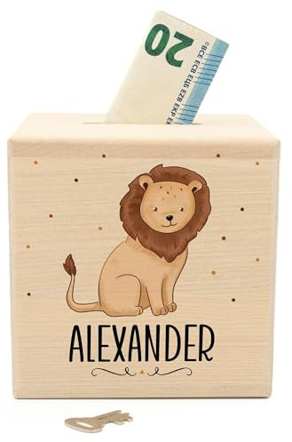 Muckelmeister Spardose Kinder Personalisiert mit Namen aus Holz - 10x10x10cm - Spardose mit Schloss und Schlüssel - Taufgeschenke für Mädchen und Jungen - originelle Geschenke zur Geburt - Löwe