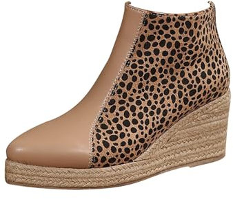 Stivaletti da donna con stampa leopardata con piattaforma grossa, stivali corti con tacco inclinato, stivali di gomma con cerniera posteriore, stivali di gomma con punta rotonda, suola spessa, stivali