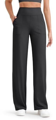 G4Free Hohe Taille Yogahose Damen Weites Bein Hose mit Taschen Gerippte Comfy Atmungsaktiv Jogginghose Leichte Freizeithose Petite/Regulär/Lang
