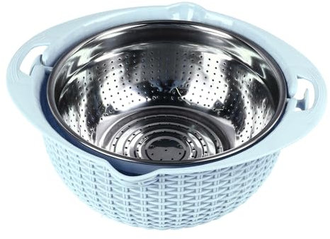 TOPINCN Stainless Steel Colander Bowl Set, Vegetable Slicer with Non Slip Mixing Bowl, 3 Grating Attachments and Plastic Washing Basket, Kitchen Food Washing Drain Colander (Blue)
