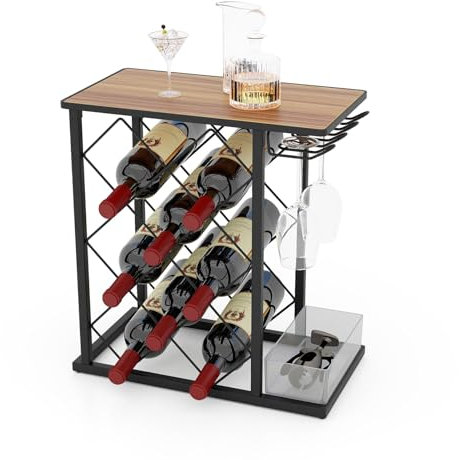 FANTASK Étagère à vin pour 8 Bouteilles de vin avec boîte de Rangement et Plateau de Table, Support en Verre pour 3 Verres, étagère à vin en Bois et métal 39 x 20 x 42 cm