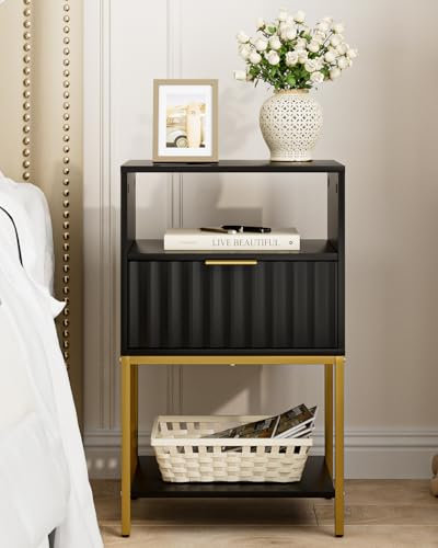 HEYZOEY Nachttisch, Nachttisch mit Goldrahmen, Nachttische Möbel, 3-Tier Lagerung Endtisch, Beistelltisch für Schlafzimmer, Wohnzimmer,Schwarz