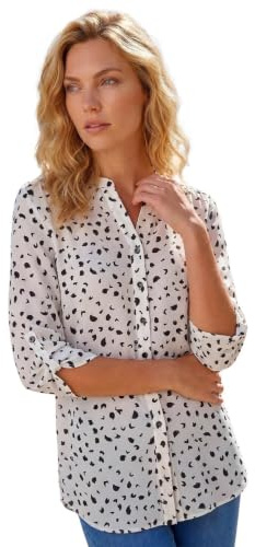 Roman Originals Shirt Top for Women UK Ladies Collarless Blouse Smart Tunic Button Through Longline Asymmetric Hem 3/4 Length Roll Up Sleeves V Neck Going Out - Spot Ivory - Size 12
