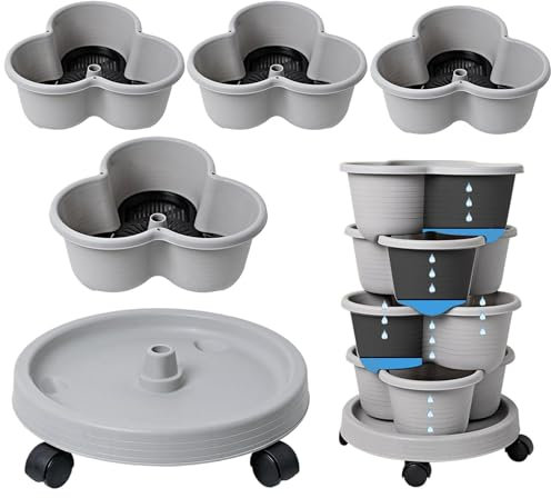 JIEBWCHA Macetero vertical, jardinera vertical | Plantador alto apilable de 4 niveles | Macetas de jardín, de jardín interior con bandeja y flexible para fresas y verduras