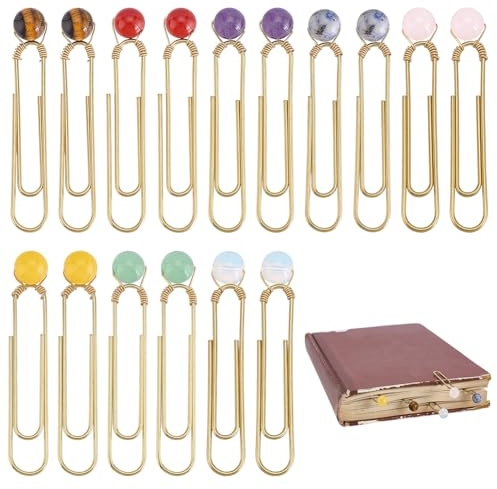 PH PandaHall 8 Stile Papierklammern 16 Stück Lesezeichen-Klammer 5.8cm große Büroklammer mit Naturstein Planerklammer Metall-Buchanhänger für Lehrer Studenten Schule Schreibwaren Notebook Zubehör