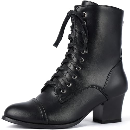 Voviggiw Bottes victoriennes pour femme - Tige courte - Bottines à lacets - Fermeture éclair latérale - Talon moyen épais