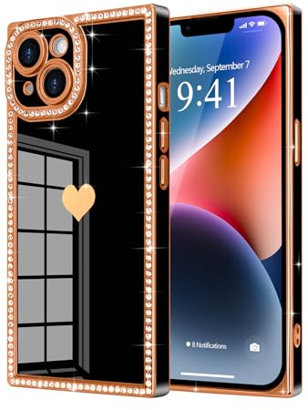 Urarssa for iPhone 14 Case, Rectangle Bling Sparkly Diamond Glitter Phone Case for Women Girls with Cute Heart Pattern Camera Lens Protection Slim TPU Bumper Shockproof Plating Cover, Black