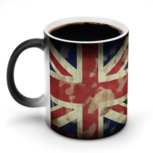 Vintage Union Jack British Flag Magic Coffee Mug Cups Personalized Color Changing Mug Heat Sensitive Heat Changing Coffee Mugs with Handle 11 Oz Mugs Funny Ceramic Cup for Tea/Latte/Milk/Cocoa