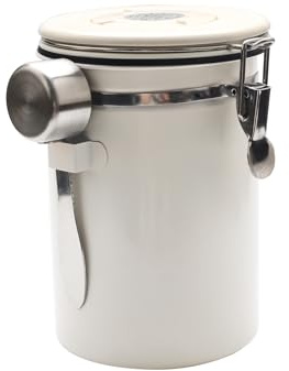 Atliberswo Kaffeedose Edelstahl 1,8L Cremeweiß luftdichter Kaffeebehälter | Vakuumdichtung, Datumsanzeige, 304 Edelstahl, Silikonventil, mit Löffel für Kaffee Tee und Nüsse