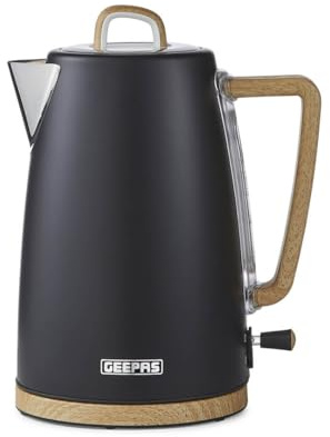 GEEPAS NordiQ 1.7L Electric Kettle | 3000W Rapid Boil Stainless Steel Jug Kettle Matte Finish with Wood Accents | Auto Shut Off Boil Dry Protection Detachable Filter | 2 Year Warranty Black
