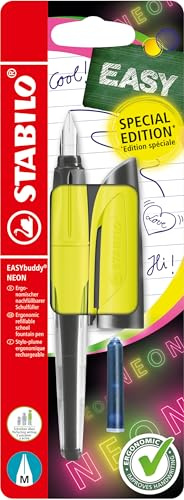 STABILO EASYbuddy NEON - Ergonomic School Fountain Pen - M-Nib | Right-Handed - Pack of 1 - Neon Yellow including Blue Ink Cartridge