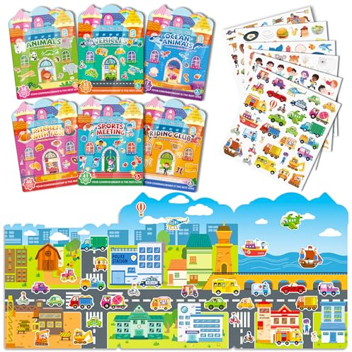 FeinKulturia 6 Stück Stickerbücher, Wiederverwendbare 3D Jelly Stickers für Kinder 2–8 Jahre, Kleinkind Geschenk zu Weihnachten, Geburtstag und Party Zubehör für Jungen und Mädchen