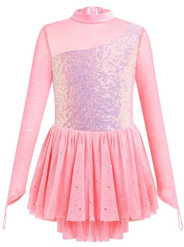 FYMNSI Figure Skating Dress for Girls Sparkly Rhinestone Long Sleeve Mesh Tulle Skirted Leotard Gymnastics Ballet Dancewear