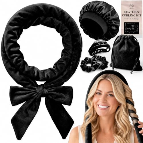 Heatless Curling Kit Lockenwickler ohne Hitze für Lange Haare | Aus Samt für weniger Reibung inklusive Haube Clip und Bändern, Schwarz