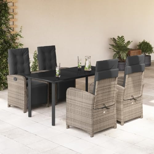 JHQHSM 5-TLG. Garten-Essgruppe mit Kissen Grau Poly Rattan, Verstellbare Lounge Sessel und Tisch mit Glasplatte für Terrasse, Langlebige Outdoor Möbel