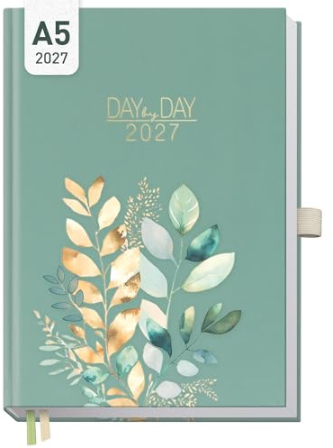 Häfft® Organizer Day by Day Buchkalender 2027 A5 Shiny Leaves | 1 Tag 1 Seite, Tagesplaner Kalender, Hardcover Tageskalender Terminkalender, Terminplaner mit Uhrzeiten, Tageszielen & mehr