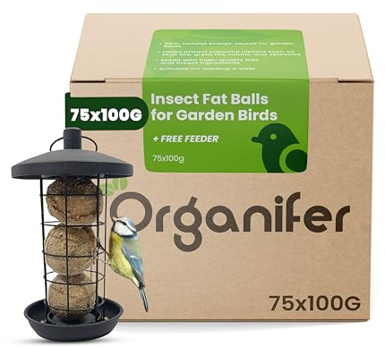 Insektenfettbällchen für Gartenvögel – 75 Stück à 100 g mit gratis Halter – Fettkugeln mit Insekten, Mehlwürmern & Sonnenblumenkernen – Rohprotein 10 %, Rohfett 23 % – Ganzjährig aktiv - Organifer