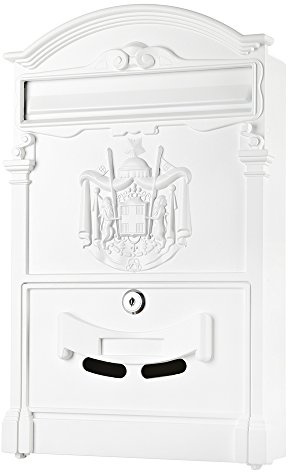 Mucola Wandbriefkasten Briefkasten antik mit Zeitungsfach abschließbar Weiß | Front aus Aluguss mit 3D-Relief, wetterfestes Stahlgehäuse, inkl. Schlüssel, Befestigungsmaterial und Namensschild-Halter