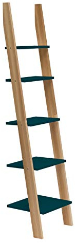 RAGABA ASHME Bücherregale Holzleiter-Regal 45cm Breit x 180 cm Höhe, FSC Eschenholz, Einfache Montage | Petrol Blue