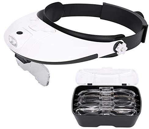 Lupenbrille Kopflupe LED Brillenlupe Leselupe Vergrößerungsbrille mit Beleuchtung Lesehilfe Lupe mit 4 Acryllinsen Stirnlupe Vergrößerungsglas Sehhilfe 1x 1.5X 2X 2.5X 3.5X Vergrößerung Lesebrille