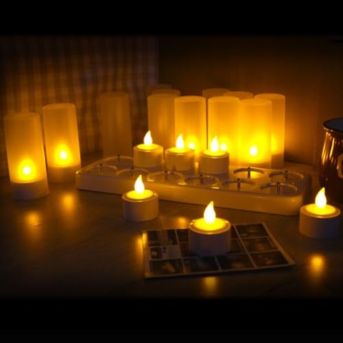 QSPORTPEAK LED Rechargeable Tea Light Candles,12pcs USB Candles Flickering with Charging Station & Candle Cups,Gift Decoration for Party Holiday,Halloween,Christmas,Yellow(No Remote Control)