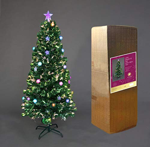 5Ft/150cm Fibre Optic Christmas Tree with Star Topper - Baubles and Stars Decorations - Pre-Lit Green Artificial Xmas Tree - Multicolor Changing Lights