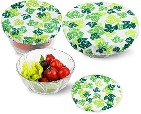 PHOGARY Coperchi riutilizzabili ecologici per contenitori di alimenti - 3 coperchi in tessuto regolabili impermeabili per insalatiera di vetro, vaso, meloni, bordo elastico, foglie verdi A