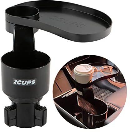 2CUPS Car Cup Holder Expander and Attachable Tray, Fits Yeti/Hydroflasks/Nalgene 16-40 oz. Dual Cup Holder with Adjustable Swivel Tray. Organizer Table for car, Truck, Automotive