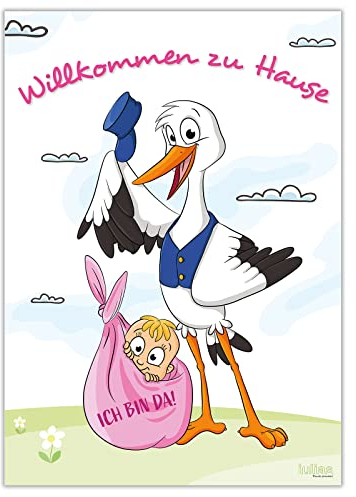 iulias Freude schenken! Poster zur Geburt Mädchen I Storch mit Baby I Willkommen zu Hause I XL DIN A2 Plakat I Babyparty Deko rosa Geburtsgeschenk Überraschung