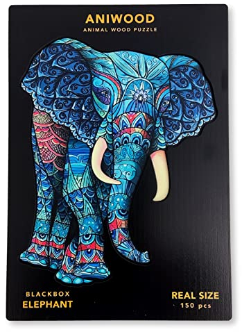 JUEGACONMIGO ANIWOOD Holzpuzzle Erwachsene Tieren. Gestanzter Deckel, Lebensgroße Puzzle-Box. 3 Schwierigkeitsmodi, dekoratives Element. Einzigartige Puzzleteile (Elefant, M)
