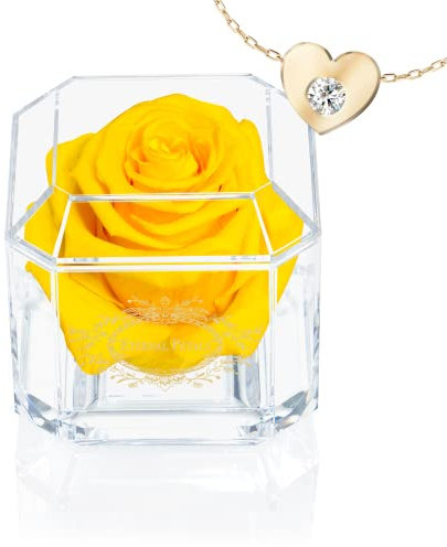 Eternal Petals A Real Rose That Lasts Years, Handmade in UK – Gold Solo with Gift Box, 18 ct Gold plated Heart Necklace with Clear Crystal and Love Message Greeting Card (Yellow)