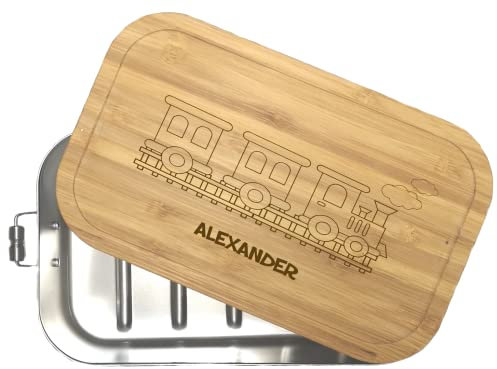 wolga-kreativ Personalisierte Brotdose mit Gravur aus Edelstahl und Holz für Kinder mit Fächern Bagger Zug