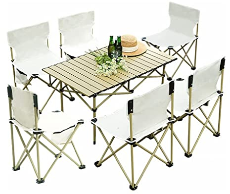 Klapptisch und Stühle für 6 Personen, tragbarer Picknicktisch mit Sitzen für Camping-Picknick im Freien, Grillen, Party und Essen, Frühlingsrollentisch aus Aluminiumlegierung (Color : Seven Piece Set)