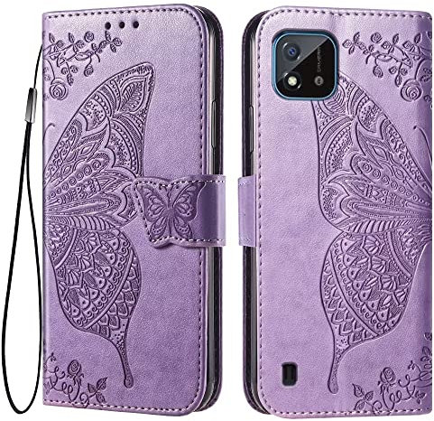 EASSGU Leder Handyhülle für Realme C11 (2021) (6.52 Inches) Flip-Folio Magnetische Hülle mit 3 Kartenfach, 1 Wallet, Sturzfeste, Kratzfeste Case - Helles Lila