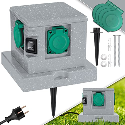 KESSER® Gartensteckdose Steinoptik mit 4 Steckplätzen, Mehrfachsteckdosen aussen mit 3m Kabel Außensteckdose IP44 Wasserdicht Steinsteckdose mit ON/Auto Dämmerungssensor, Inkl. Montageset, Grau