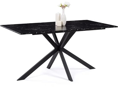 IDMarket Esstisch, rechteckig, Alix, 8 Personen, Spidenfuß, Metall, Schwarz, Platte mit Marmoreffekt, Alaska, 160 cm