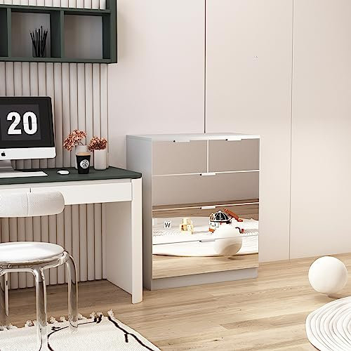 Kingwudo® Wooden Chest of Drawers with Mirror Drawer Fronts 2+3 Drawers Chest Storage Unit Cabinet Cupboard Sideboard Organizer Unit for Bedroom, White and Mirrored