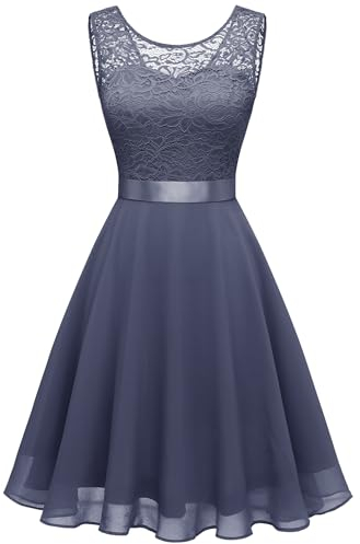 Berylove Damen Elegante Cocktailkleid Floral Spitze Brautjungfernkleider Knielange Mode Festlich Kleider BLP7005NC Grayish Purple XL