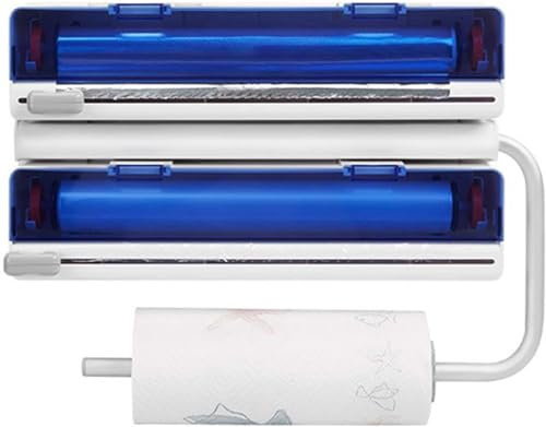 Upgrade Plastic Wrap Dispenser with Cutter, 3-in-1 Foil and Plastic Wrap Organizer with Paper Towel Holder, Aluminum Foil Holder, Wrap Dispenser for Drawer and Wall Mount- Fits 12” Roll ( Color : Blue