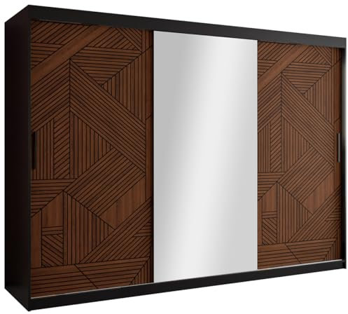 Mirjan24 Schwebetürenschrank Monkis II, Kleiderschrank mit 2 Kleiderstangen, 8 Einlegeböden Spiegel Schlafzimmer Schrank, Garderoben (Schwarz Matt/Dunkel Nuss, mit Schubladen, Breite: 250)